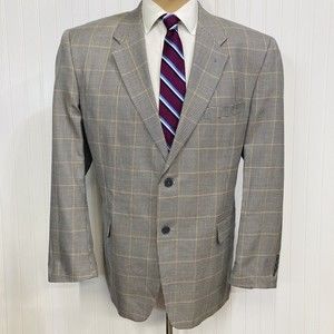 ADOLFO Blazer Men 44 Sport Coat White Blue Gold Houndstooth Silk Wool Jacket 44R